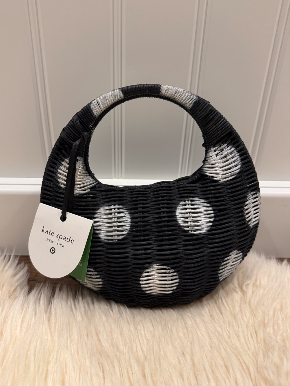 Kate Spade x Target Black & White Polka Dot Wicker Woven Circle Bag